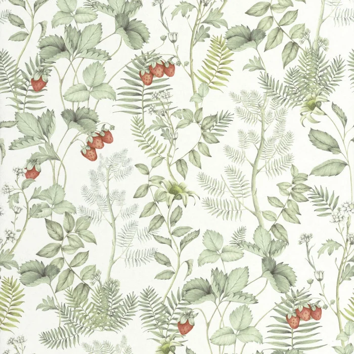 Strawberry Field – Botanisk fibertapet med markjordbær Gi hjemmet en nostalgisk sommerfølelse med Strawberry Field, et tidløst botanisk tapet perfekt for både kjøkken, stue og soverom. Dette mønsteret kombinerer den populære cottagecore-stilen med delikate illustrasjoner av ville markjordbær.