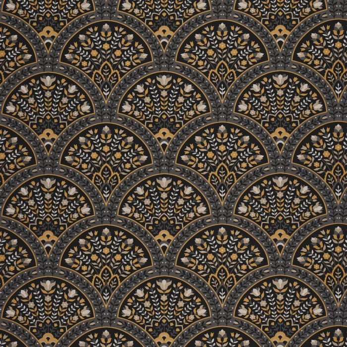 Gi rommet din personlige stil med Wallace non-woven tapet i sort og dyp grå farge med innspill av oker i et mønster som er en fryd for øyet