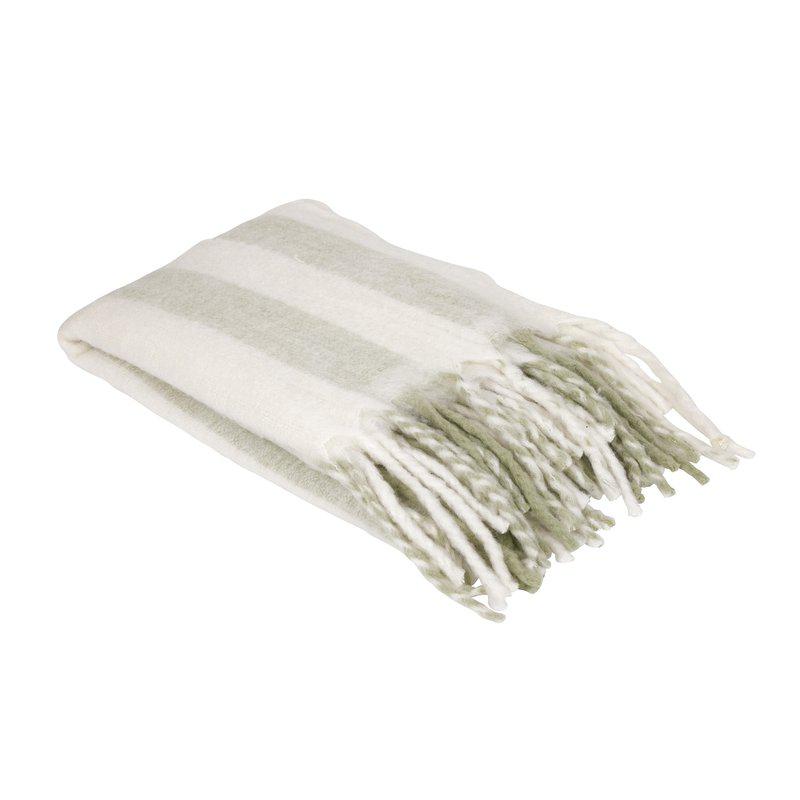 Mia pledd grønn 260149-111-40 Fondaco Mia stripete pledd med frynser i ullblanding