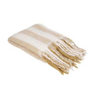 Mykt, stripete pledd med harmoniske fargetoner og lange, dekorative frynser langs kortsidene