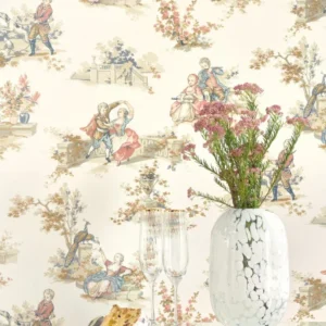 Toile de Jouy-tapet fra Casadeco med elegante, håndtegnede scener av fransk landliv på en teksturert lin-bakgrunn.