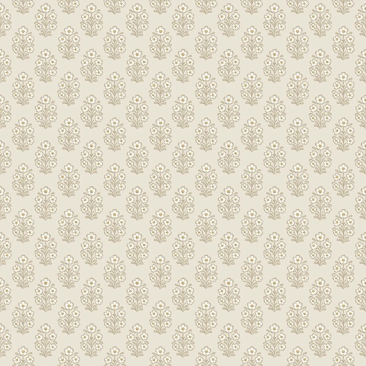 Tidløst og småblomstrete tapet med et rytmisk mønster av små blomsterbuketter inspirert av klassisk blokktrykk, som gir et lunt og landlig uttrykk.