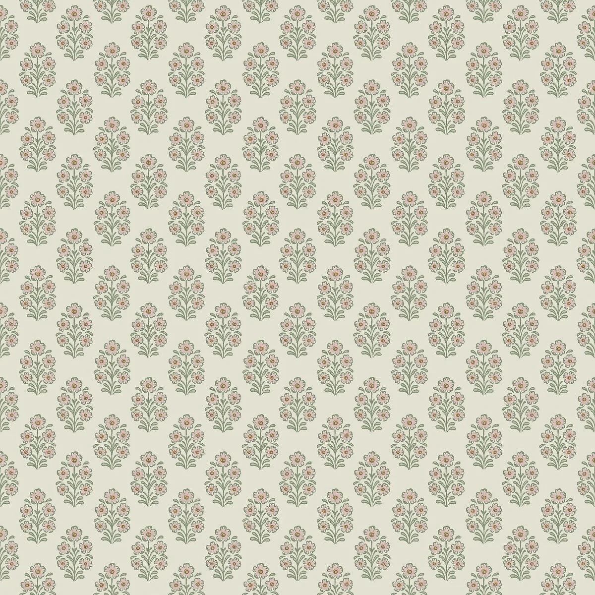 Tidløst og småblomstrete tapet med et rytmisk mønster av små blomsterbuketter inspirert av klassisk blokktrykk, som gir et lunt og landlig uttrykk.