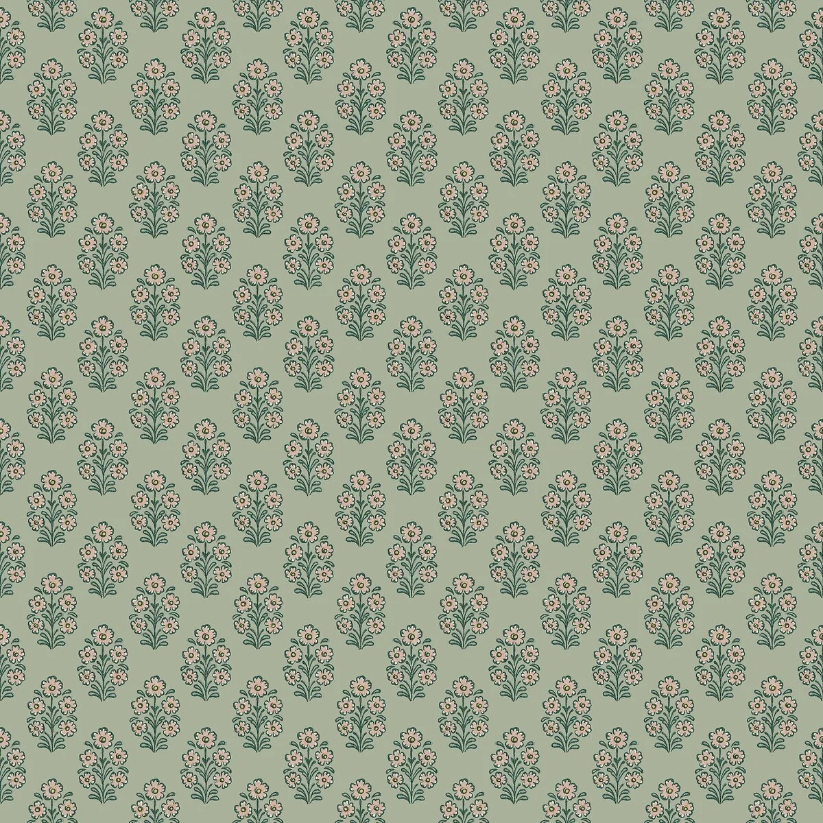 Tidløst og småblomstrete tapet med et rytmisk mønster av små blomsterbuketter inspirert av klassisk blokktrykk, som gir et lunt og landlig uttrykk.