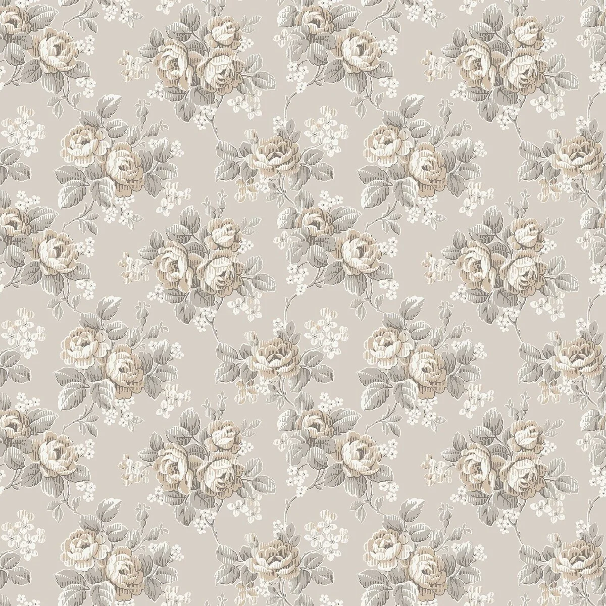 Helena romantisk, blomstret fibertapet med et tett motiv av klatreroser i full blomst og små blomster fordelt mellom grønne blader. Mønsteret har en tradisjonell overflatestruktur som gir veggen naturlig dybde og en nostalgisk karakter.