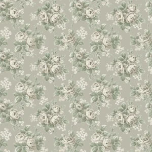 Helena romantisk, blomstret fibertapet med et tett motiv av klatreroser i full blomst og små blomster fordelt mellom grønne blader. Mønsteret har en tradisjonell overflatestruktur som gir veggen naturlig dybde og en nostalgisk karakter.