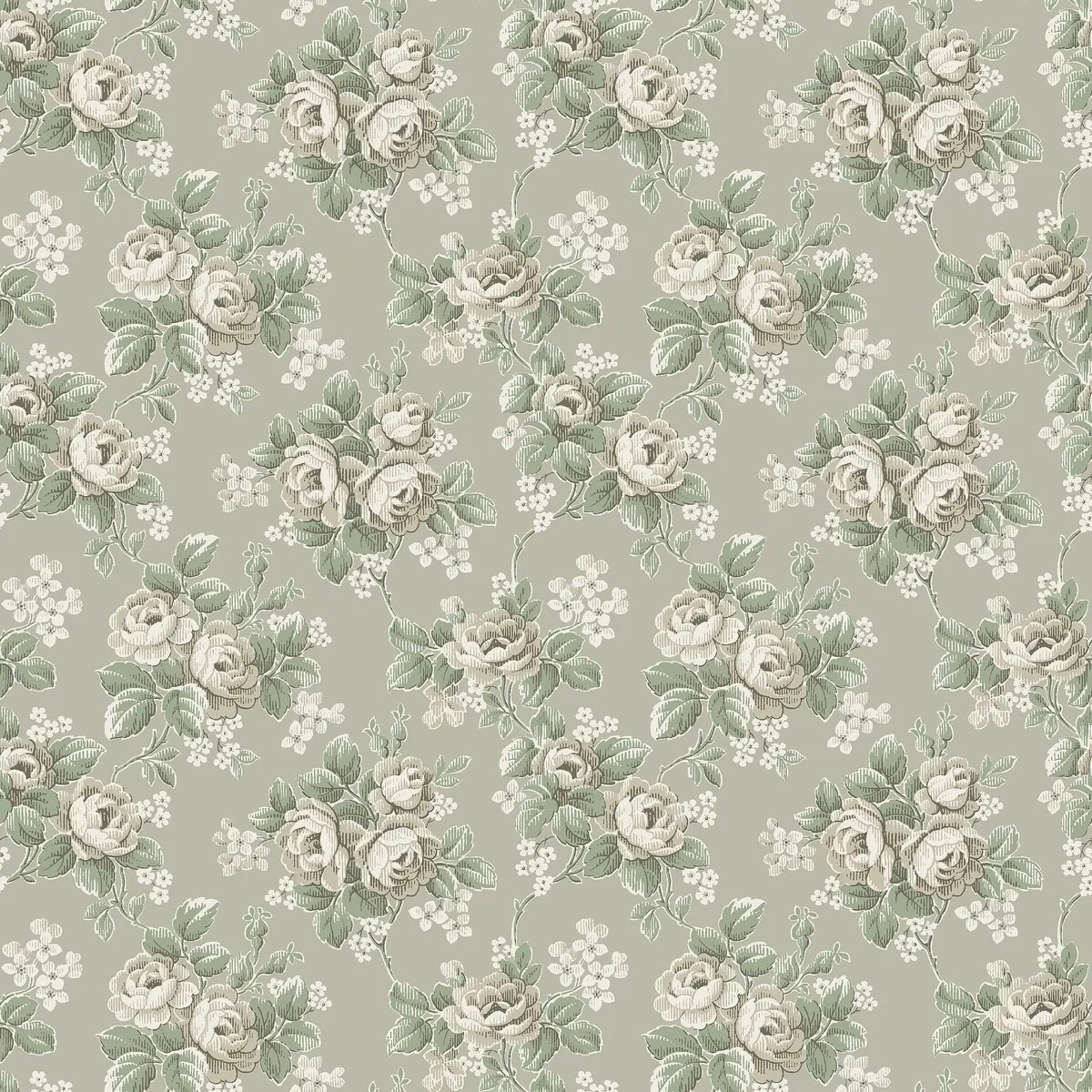 Helena romantisk, blomstret fibertapet med et tett motiv av klatreroser i full blomst og små blomster fordelt mellom grønne blader. Mønsteret har en tradisjonell overflatestruktur som gir veggen naturlig dybde og en nostalgisk karakter.