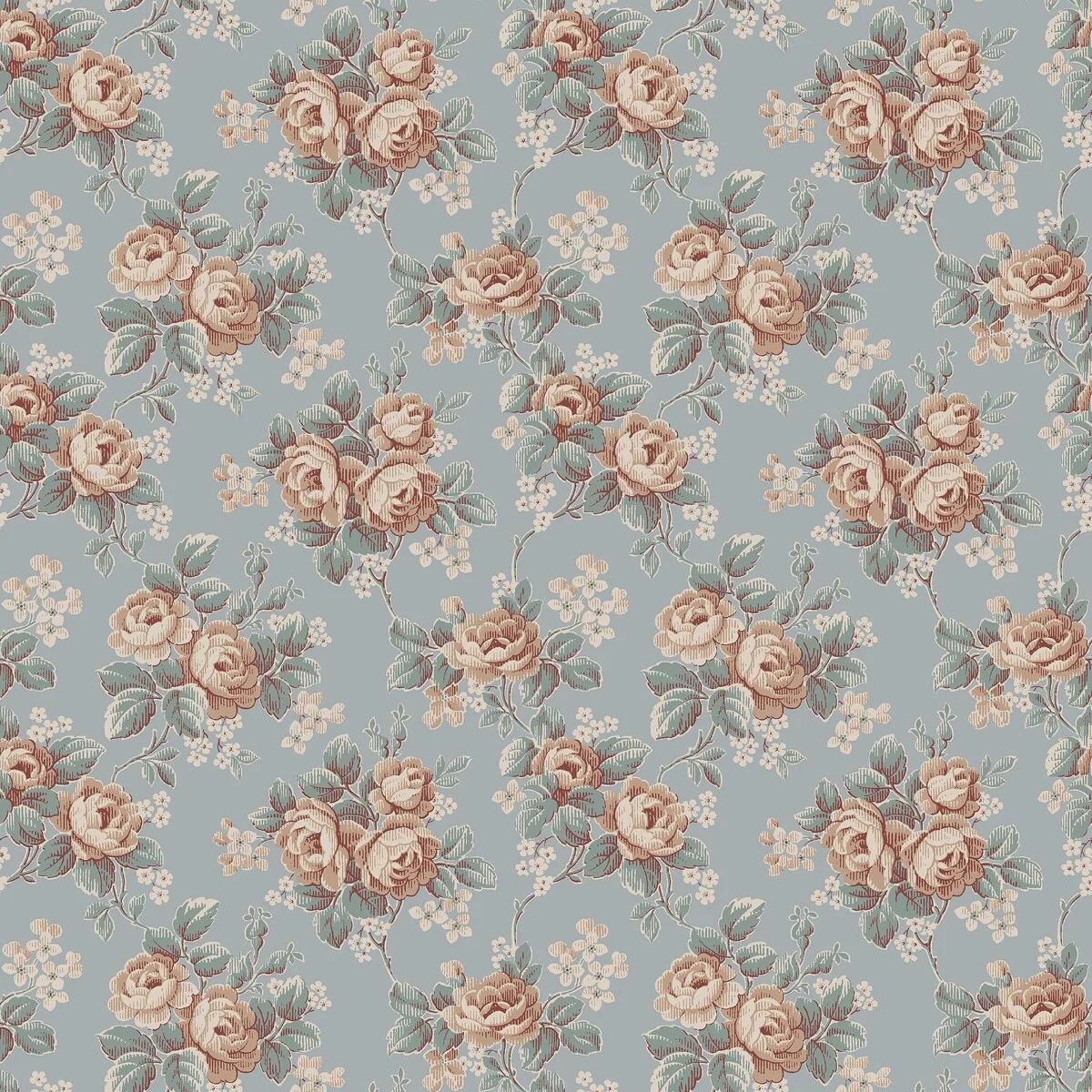 Helena romantisk, blomstret fibertapet med et tett motiv av klatreroser i full blomst og små blomster fordelt mellom grønne blader. Mønsteret har en tradisjonell overflatestruktur som gir veggen naturlig dybde og en nostalgisk karakter.
