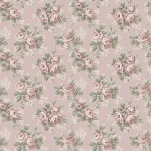 Helena romantisk, blomstret fibertapet med et tett motiv av klatreroser i full blomst og små blomster fordelt mellom grønne blader. Mønsteret har en tradisjonell overflatestruktur som gir veggen naturlig dybde og en nostalgisk karakter.