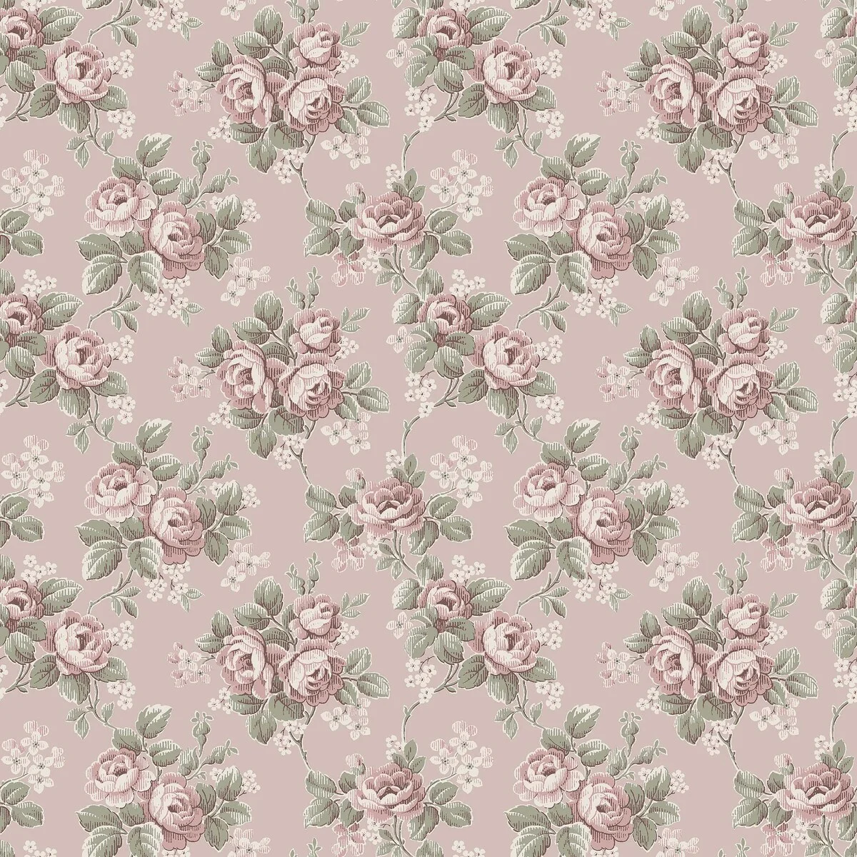 Helena romantisk, blomstret fibertapet med et tett motiv av klatreroser i full blomst og små blomster fordelt mellom grønne blader. Mønsteret har en tradisjonell overflatestruktur som gir veggen naturlig dybde og en nostalgisk karakter.