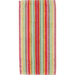 Fargerikt håndkle fra Cawö Lifestyle-serien med vertikale striper i alle regnbuens farger som rød, oransje, gul, grønn og blå.