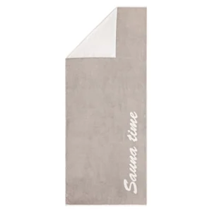 Grått frottéhåndkle til sauna i 100% bomull med teksten 'Sauna time