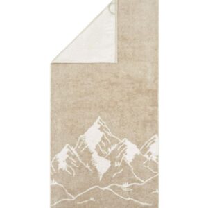 Cawö håndkle i sandfarge med hvitt fjellmotiv og vendbart design.