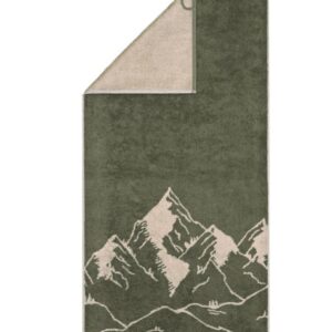 Cawö håndkle i olivengrønn med hvitt fjellmotiv og vendbart design.