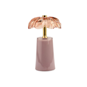 Dekorativ lampe med blomsterformet glasskjerm og moderne, sylindrisk base i en dus lilla-rosa farge