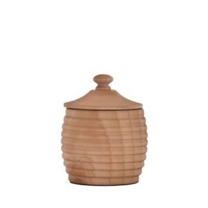 Rund krukke i lyst tre med rillet overflate og tilhørende lokk.
