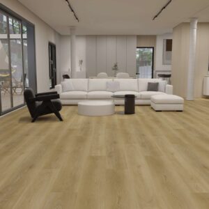 Titan Klikkvinyl Numedal lagt i et stort, lyst rom. Gulvet har et naturlig treutseende med brede planker i en varm, lys beige nyanse som gir et autentisk preg.