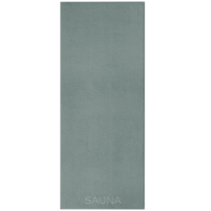 Et rektangulært saunahåndkle i en dempet, grønnblå nyanse kalt Mystic Green. Nederst på håndkleet er ordet 'SAUNA' diskret innvevd i selve stoffet i en matchende farge.
