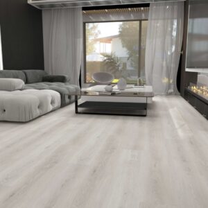 Titan klikkvinyl har en slitesterk overflate med naturtro mønster av lyst treverk og integrert korkunderlag