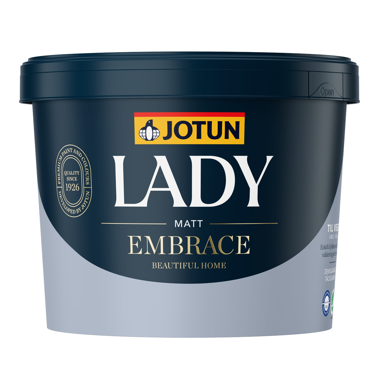 Lady Embrace Jotun LADY Embrace er en matt interiørmaling utviklet for å gi et vakkert, jevnt og helhetlig resultat.