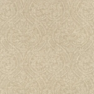 Tapet atelier tissè.Mønsteret viser et klassisk, elegant damask- og ornamentmotiv med symmetriske kurver, blader og sirlige detaljer. Bakgrunnen har en fin, teksturert stoffstruktur som etterligner vevd lin, noe som gir motivet et lunt, rolig og sofistikert uttrykk.