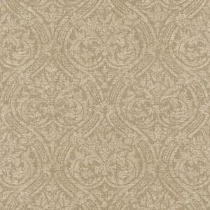 Tapet atelier tissè.Mønsteret viser et klassisk, elegant damask- og ornamentmotiv med symmetriske kurver, blader og sirlige detaljer. Bakgrunnen har en fin, teksturert stoffstruktur som etterligner vevd lin, noe som gir motivet et lunt, rolig og sofistikert uttrykk.