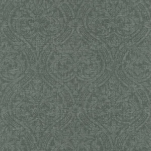 Tapet atelier tissè.Mønsteret viser et klassisk, elegant damask- og ornamentmotiv med symmetriske kurver, blader og sirlige detaljer. Bakgrunnen har en fin, teksturert stoffstruktur som etterligner vevd lin, noe som gir motivet et lunt, rolig og sofistikert uttrykk.