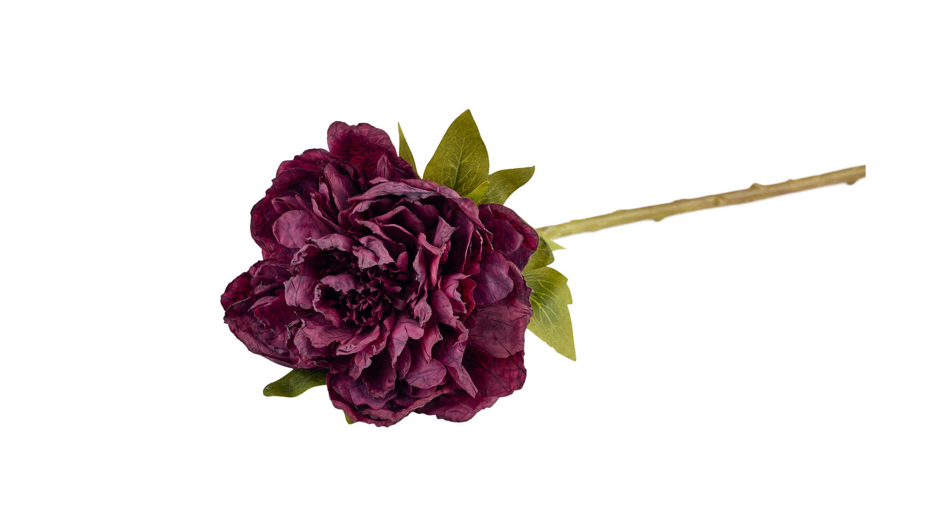 5707699359291 En kunstig peonstilk med en stor, fyldig blomst i en dyp burgunderrød og lilla nyanse, grønne blader.