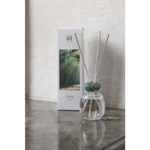 En minimalistisk glassflaske med Fern duftpinner 120ml i duften Clear Air, komplett med naturlige trepinner for jevn duftspredning