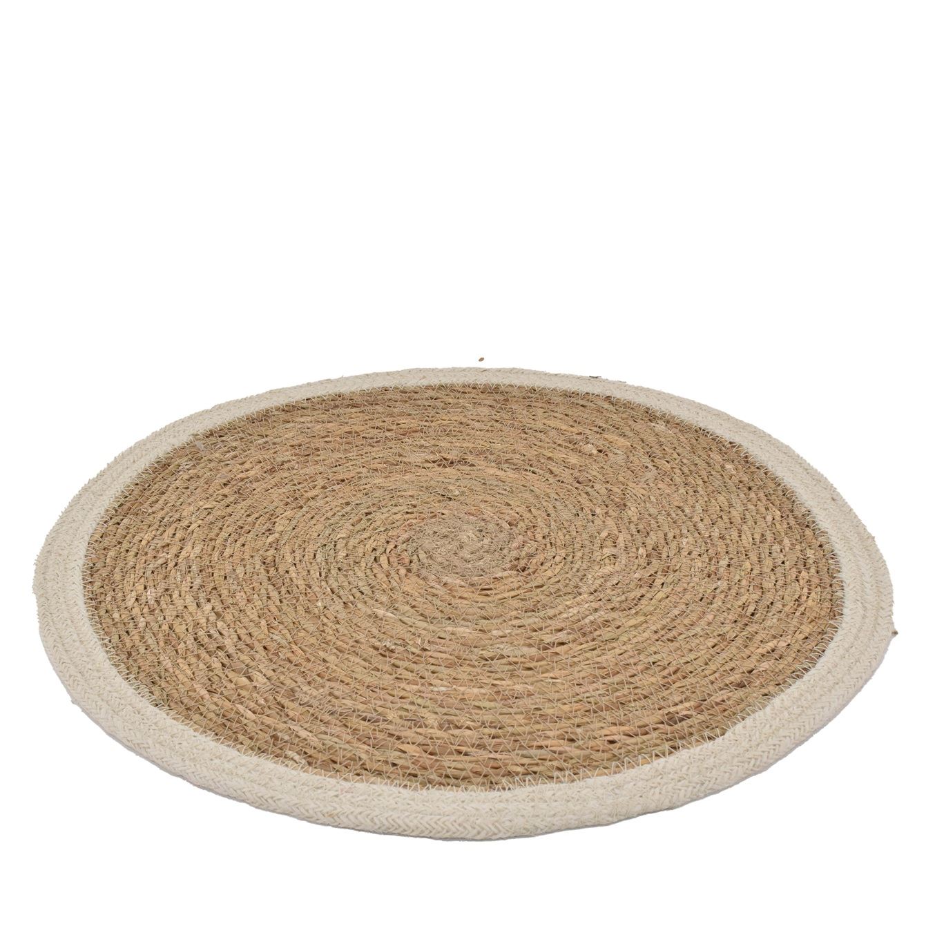 5710592121575 Rund, flettet spisebrikke i naturlig jute med en lys, kremhvit kant