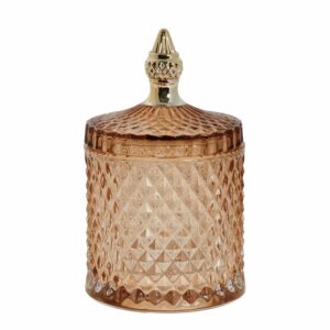 En sylindrisk glasskrukke i en varm ravbrun farge, dekorert med et klassisk harlekin i glasset, og utstyrt med et matchende lokk med en detaljert knott.