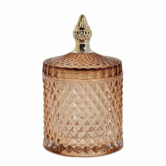 Miya jar Tiger Eye En sylindrisk glasskrukke i en varm ravbrun farge, dekorert med et klassisk harlekin i glasset, og utstyrt med et matchende lokk med en detaljert knott.