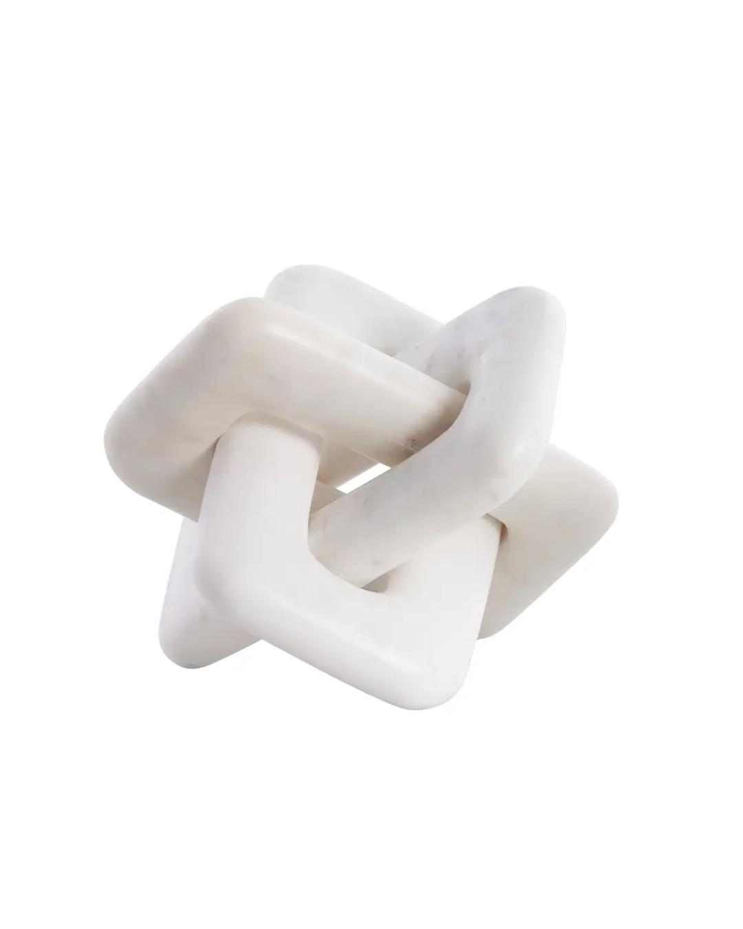 Ellia hvit knute_ En skulpturell og geometrisk dekorasjonsknute laget av solid marmor i hvit farge med naturlige marmoreringer.