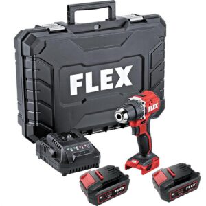 FLEX 18V rød og svart batteridrevet bor- og skrumaskin, en transportkoffert,en batterilader og to FLEX 18V 5,0 Ah litium-ion-batterier.