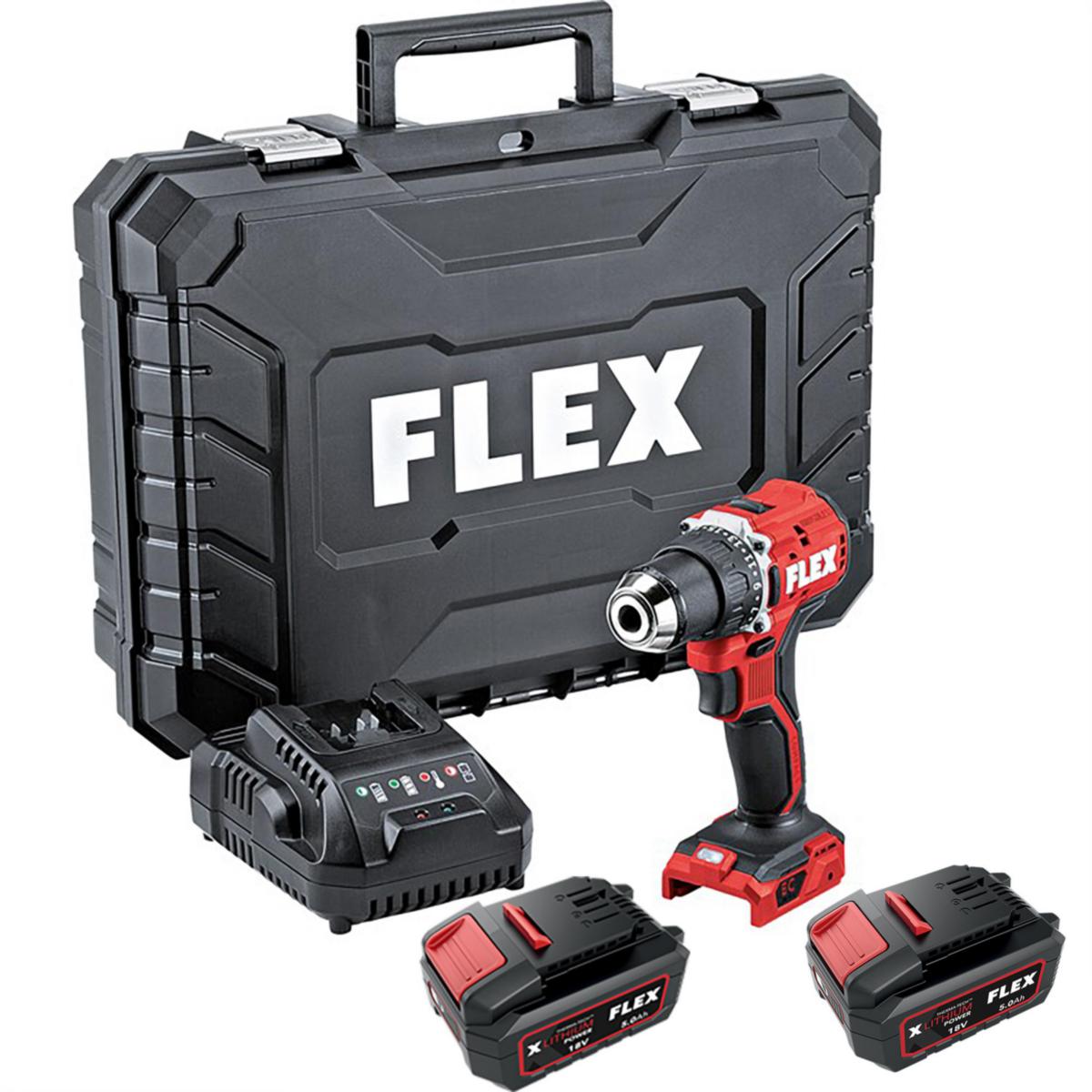 Flex skrudrill m-lader og 2 batterier FLEX 18V rød og svart batteridrevet bor- og skrumaskin, en transportkoffert,en batterilader og to FLEX 18V 5,0 Ah litium-ion-batterier.