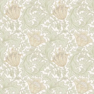 Fibertapet med det klassiske og tidløse "Anemone"-mønsteret designet av William Morris. Motivet preges av store anemoneblomster omslynget av dype akantusblader og mindre bladranker i et repeterende og organisk mønster.