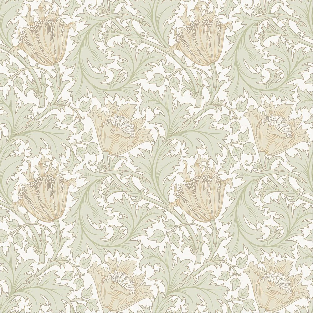 Fibertapet med det klassiske og tidløse "Anemone"-mønsteret designet av William Morris. Motivet preges av store anemoneblomster omslynget av dype akantusblader og mindre bladranker i et repeterende og organisk mønster.