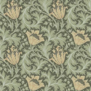 Fibertapet med det klassiske og tidløse "Anemone"-mønsteret designet av William Morris. Motivet preges av store anemoneblomster omslynget av dype akantusblader og mindre bladranker i et repeterende og organisk mønster.