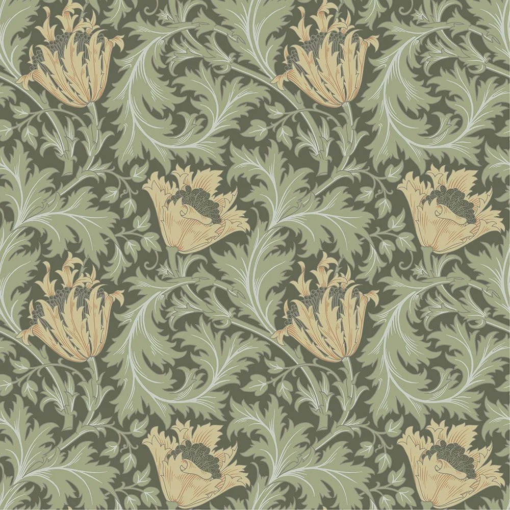 Fibertapet med det klassiske og tidløse "Anemone"-mønsteret designet av William Morris. Motivet preges av store anemoneblomster omslynget av dype akantusblader og mindre bladranker i et repeterende og organisk mønster.