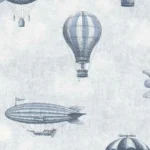 Fibertapet til barnerom med nostalgisk mønster av klassiske luftballonger og luftskip i fin, detaljert strektegning