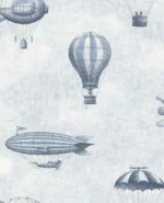 Fibertapet til barnerom med nostalgisk mønster av klassiske luftballonger og luftskip i fin, detaljert strektegning