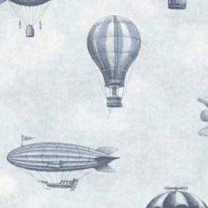 Fibertapet til barnerom med nostalgisk mønster av klassiske luftballonger og luftskip i fin, detaljert strektegning