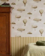 Fibertapet til barnerom med nostalgisk mønster av klassiske luftballonger og luftskip i fin, detaljert strektegning
