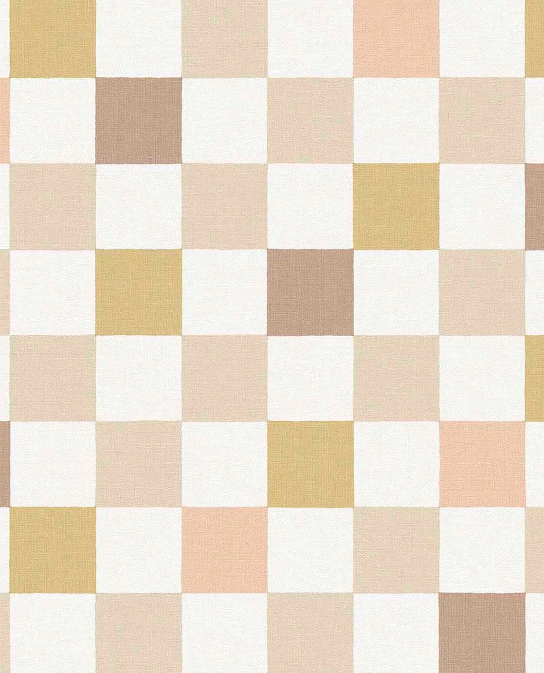 Storeys Tiny Treasures fibertapet med et klassisk sjakkmønster. Designet består av ensfargede ruter som veksler i en lys og en mørkere tone, noe som gir veggen et rolig og strukturert uttrykk til barnerommet.