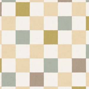 Storeys Tiny Treasures fibertapet med et klassisk sjakkmønster. Designet består av ensfargede ruter som veksler i en lys og en mørkere tone, noe som gir veggen et rolig og strukturert uttrykk til barnerommet.