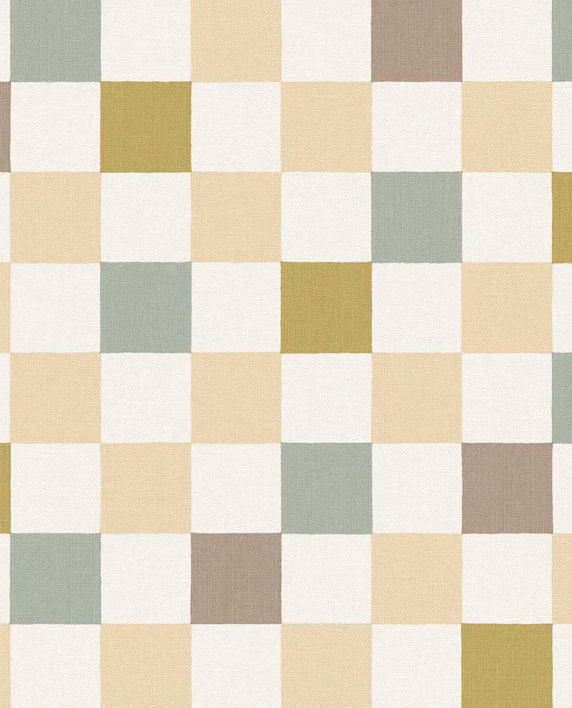 Storeys Tiny Treasures fibertapet med et klassisk sjakkmønster. Designet består av ensfargede ruter som veksler i en lys og en mørkere tone, noe som gir veggen et rolig og strukturert uttrykk til barnerommet.