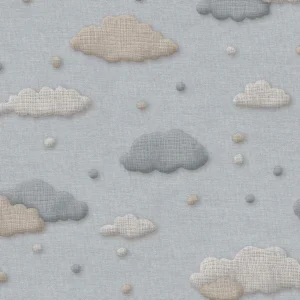 Fibertapet til barnerommet fra Storeys' kolleksjon Tiny Treasures med et lekent, svevende skymønster fordelt over en glatt bakgrunn.