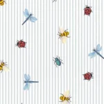 Fibertapet til barnerommet fra Storeys' kolleksjon Tiny Treasures med et mønster av tynne, vertikale striper og spredte, små motiver av insekter som marihøner, bier, biller og øyenstikkere.
