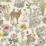 Fibertapet til barnerommet fra Storeys' kolleksjon Tiny Treasures med et eventyrlig mønster av skogsdyr som et rådyr med en liten fugl på ryggen, harer og sommerfugler plassert blant detaljerte engblomster og planter.