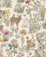 Fibertapet til barnerommet fra Storeys' kolleksjon Tiny Treasures med et eventyrlig mønster av skogsdyr som et rådyr med en liten fugl på ryggen, harer og sommerfugler plassert blant detaljerte engblomster og planter.